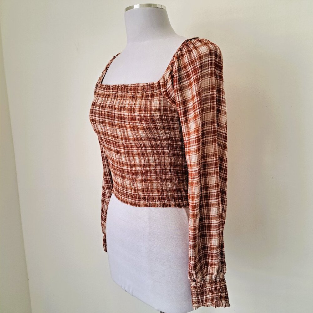 Paper Crane Juniors Cropped Top Plaid Multicolor Long Sleeve Size M